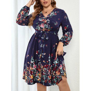 Plus Size Floral Print Belt Dress V Neck Long Sleeve Casual Midi Dress, Deep blue
Plus Size Floral Print Belt Dress V Neck Long Sleeve Casual Midi Dress, Deep blue
