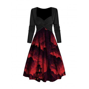 Halloween Mountain Print Dress Sweetheart Collar Crossover A Line Midi Dress, Deep red
Halloween Mountain Print Dress Sweetheart Collar Crossover A Line Midi Dress, Deep red