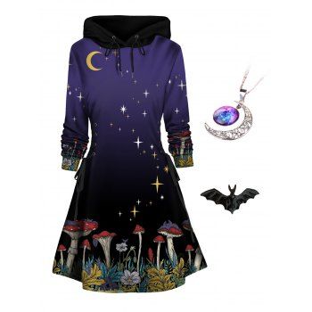 Halloween Mushroom Print Hoodie Dress and Bat Rings Set Moon Pendant Necklace Outfit, Multicolor
Halloween Mushroom Print Hoodie Dress and Bat Rings Set Moon Pendant Necklace Outfit, Multicolor