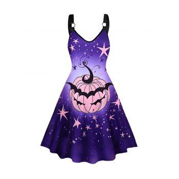 Halloween Pumpkin and Star Print Dress Sleeveless O Ring A Line Midi Dress, Purple
Halloween Pumpkin and Star Print Dress Sleeveless O Ring A Line Midi Dress, Purple