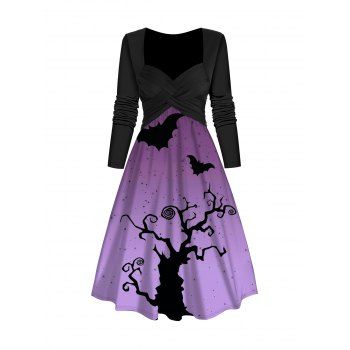Halloween Tree and Bat Print Dress Crossover Sweetheart Collar A Line Midi Dress, Purple
Halloween Tree and Bat Print Dress Crossover Sweetheart Collar A Line Midi Dress, Purple