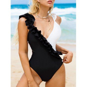 Ruffle Colorblock One-piece Swimsuit Adjustable Strap Plunging Neck Beach Vacation Swimwear, Black
Ruffle Colorblock One-piece Swimsuit Adjustable Strap Plunging Neck Beach Vacation Swimwear, Black