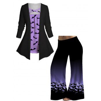 Plus Size Halloween Bat Print Faux Twinset Top and Ombre Wide Leg Pants Outfit, Purple
Plus Size Halloween Bat Print Faux Twinset Top and Ombre Wide Leg Pants Outfit, Purple