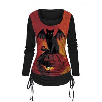 Halloween Cat and Pumpkin Print Top Cinched Long Sleeve Faux Twinset Top, Deep red
Halloween Cat and Pumpkin Print Top Cinched Long Sleeve Faux Twinset Top, Deep red