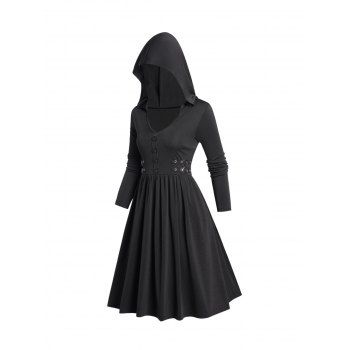 Buckle Gothic Hooded Dress Plain Color Long Sleeve A Line Casual Dress, Black
Buckle Gothic Hooded Dress Plain Color Long Sleeve A Line Casual Dress, Black