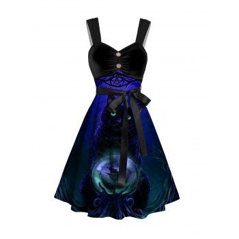 Halloween Cat Print Belt Gothic Dress Ruched Sleeveless A Line Mini Dress, Deep blue
Halloween Cat Print Belt Gothic Dress Ruched Sleeveless A Line Mini Dress, Deep blue