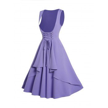 Lace Up Layered Dress Plain Color Sleeveless A Line Casual Midi Dress, Light purple
Lace Up Layered Dress Plain Color Sleeveless A Line Casual Midi Dress, Light purple