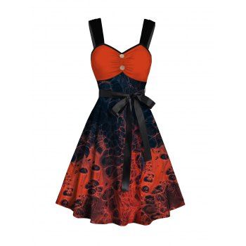 Magma Crack Print Belted Mini Dress Ruched Mock Button Sleeveless A Line Dress, Dark orange
Magma Crack Print Belted Mini Dress Ruched Mock Button Sleeveless A Line Dress, Dark orange