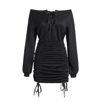 Off The Shoulder Lace Up Cinched Mini Dress Ruched Solid Color Long Sleeve Dress, Black
Off The Shoulder Lace Up Cinched Mini Dress Ruched Solid Color Long Sleeve Dress, Black