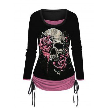 Halloween Colorblock Faux Twinset T-shirt Skull Flower Print Cinched Long Sleeve Twofer Tee, Black
Halloween Colorblock Faux Twinset T-shirt Skull Flower Print Cinched Long Sleeve Twofer Tee, Black