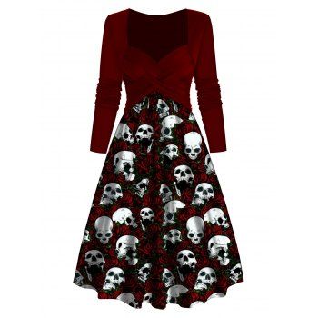 Gothic Skull Rose Print Midi Dress Crossover Sweetheart Neck Long Sleeve Dress, Deep red
Gothic Skull Rose Print Midi Dress Crossover Sweetheart Neck Long Sleeve Dress, Deep red