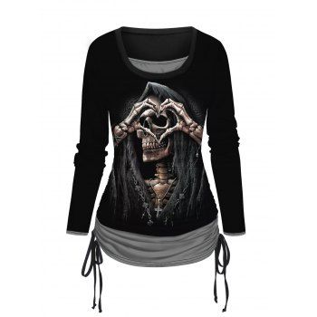 Halloween Skeleton Heart Print Faux Twinset T-shirt Long Sleeve Cinched Colorblock Twofer Tee, Black
Halloween Skeleton Heart Print Faux Twinset T-shirt Long Sleeve Cinched Colorblock Twofer Tee, Black