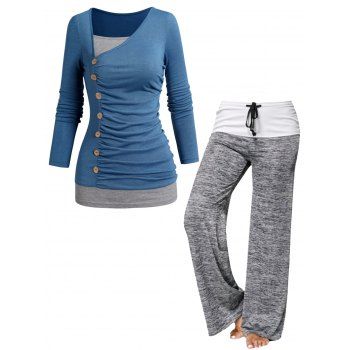 Ruched Faux Twinset Mock Button Long Sleeve Top And Colorblock Heathered Drawstring Wide Leg Pants Outfit, Multicolor
Ruched Faux Twinset Mock Button Long Sleeve Top And Colorblock Heathered Drawstring Wide Leg Pants Outfit, Multicolor