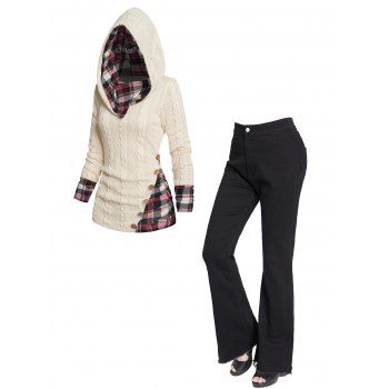 Twisted Cable Knit Plaid Print Ruched Hooded Sweater And Frayed Raw Hem Zip Fly Flare Jeans Outfit, Multicolor
Twisted Cable Knit Plaid Print Ruched Hooded Sweater And Frayed Raw Hem Zip Fly Flare Jeans Outfit, Multicolor