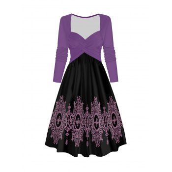 Contrast Colorblock Tribal Flower Print Midi Dress Crossover Long Sleeve High Waist Dress, Purple
Contrast Colorblock Tribal Flower Print Midi Dress Crossover Long Sleeve High Waist Dress, Purple
