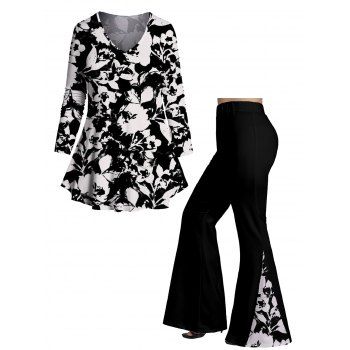 Plus Size Flower Allover Print Long Sleeve T-shirt And Contrast Floral Print Panel Long Flare Pants Outfit, Black
Plus Size Flower Allover Print Long Sleeve T-shirt And Contrast Floral Print Panel Long Flare Pants Outfit, Black