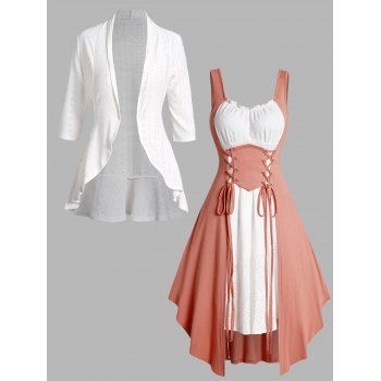 Eyelet Embroidery Ruffle Hem Open Front Top And Colorblock Lace Up Asymmetric Midi Dress Outfit, Multicolor
Eyelet Embroidery Ruffle Hem Open Front Top And Colorblock Lace Up Asymmetric Midi Dress Outfit, Multicolor