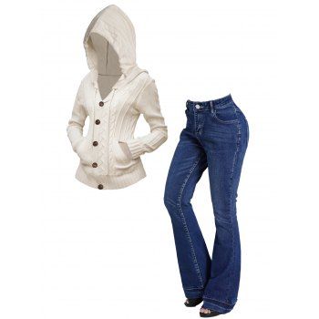 Twist Cable Knit Button Up Hooded Cardigan And Zip Fly Long Demin Flare Jeans Outfit, Multicolor
Twist Cable Knit Button Up Hooded Cardigan And Zip Fly Long Demin Flare Jeans Outfit, Multicolor
