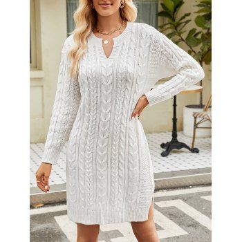 Drop Shoulder Twisted Cable Knit Mini Sweater Dress Side Slit Solid Color Notched Sweater Dress, Crystal cream
Drop Shoulder Twisted Cable Knit Mini Sweater Dress Side Slit Solid Color Notched Sweater Dress, Crystal cream