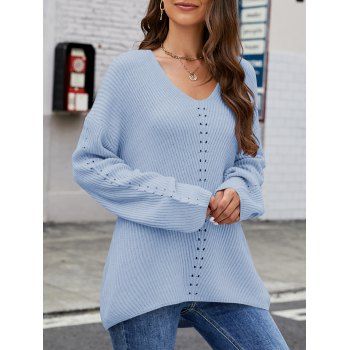 Drop Shoulder High Low Knit Sweater V Neck Solid Color Hollow Out Loose Knitted Sweater, Light blue
Drop Shoulder High Low Knit Sweater V Neck Solid Color Hollow Out Loose Knitted Sweater, Light blue