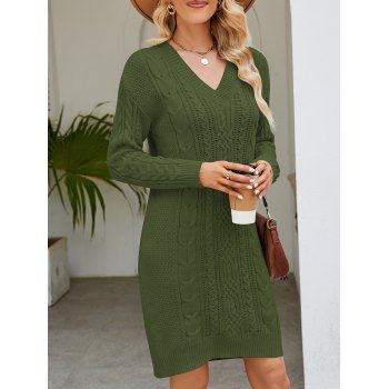 Twist Cable Knit Jacquard Mini Sweater Dress Solid Color V Neck Sweater Dress, Green
Twist Cable Knit Jacquard Mini Sweater Dress Solid Color V Neck Sweater Dress, Green