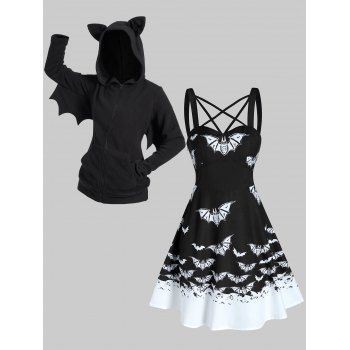 Halloween Costume Bat Fleece Hooded Jacket And Front Strappy Bat Print Mini A Line Dress Outfit, Black
Halloween Costume Bat Fleece Hooded Jacket And Front Strappy Bat Print Mini A Line Dress Outfit, Black