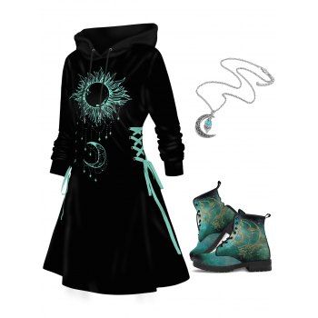 Sun And Moon Print Lace Up Mini Hoodie Dress And Lace Up Matin Boots Chain Necklace Outfit, Black
Sun And Moon Print Lace Up Mini Hoodie Dress And Lace Up Matin Boots Chain Necklace Outfit, Black