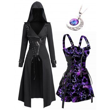 Gothic Zip Up Hooded Punk Coat And Skull Allover Print Buckle Strap Lace Up Mini Dress Moon Chain Necklace Outfit, Multicolor
Gothic Zip Up Hooded Punk Coat And Skull Allover Print Buckle Strap Lace Up Mini Dress Moon Chain Necklace Outfit, Multicolor