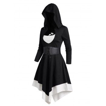 Gothic Colorblock Cut Out Lace Up Hooded Dress Long Sleeve Belted Asymmetric Dress, Black
Gothic Colorblock Cut Out Lace Up Hooded Dress Long Sleeve Belted Asymmetric Dress, Black