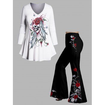 Plus Size Flower Skull Wing Print Long Sleeve V Neck T-shirt And Rose Skull Print Flare Outfit, Multicolor a
Plus Size Flower Skull Wing Print Long Sleeve V Neck T-shirt And Rose Skull Print Flare Outfit, Multicolor a