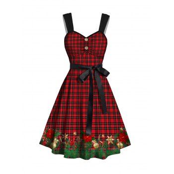 Christmas Belted Mini Dress Plaid Ball Print Mock Button Ruched Sleeveless Dress, Red
Christmas Belted Mini Dress Plaid Ball Print Mock Button Ruched Sleeveless Dress, Red