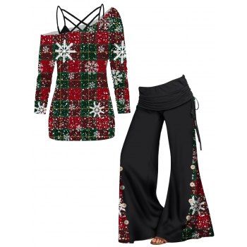 Christmas Snowflake Plaid Print Skew Collar Long Sleeve Tops And Cinched Foldover Wide Leg Pants Outfit, Multicolor
Christmas Snowflake Plaid Print Skew Collar Long Sleeve Tops And Cinched Foldover Wide Leg Pants Outfit, Multicolor