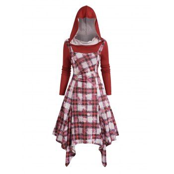 Christmas Plaid Print Asymmetric Hooded Dress Mock Button Midi Faux Twinset Dress, Deep red
Christmas Plaid Print Asymmetric Hooded Dress Mock Button Midi Faux Twinset Dress, Deep red