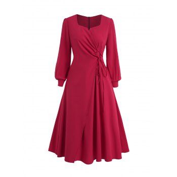 Solid Color Long Sleeve Office Midi Dress Overlap Tie Knot High Waist Dress, Deep red
Solid Color Long Sleeve Office Midi Dress Overlap Tie Knot High Waist Dress, Deep red