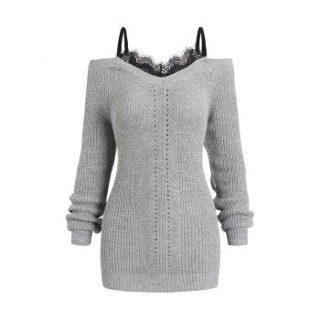 Cold Shoulder Lace Insert Sweater Hollow Out Long Sleeve Casual Sweater, Gray
Cold Shoulder Lace Insert Sweater Hollow Out Long Sleeve Casual Sweater, Gray
