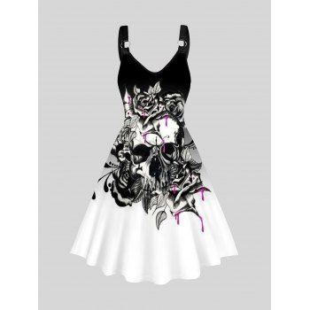 

Skull and Rose Print Tank Dress Ombre O Ring A Line Casual Dress, Black