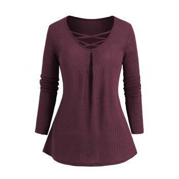 Solid Color Textured Long Sleeve T-shirt Crisscross V Neck Casual Tee, Deep red
Solid Color Textured Long Sleeve T-shirt Crisscross V Neck Casual Tee, Deep red