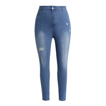 

Plus Size & Curve Ripped Pencil Jeans Zip Fly Destroy Wash Long Denim Pants, Blue