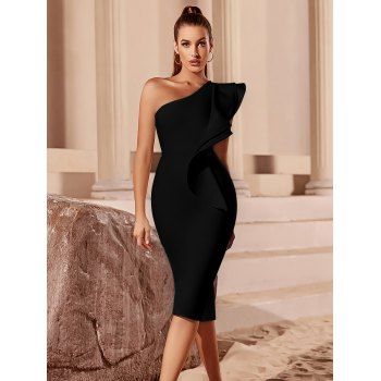 Ruffle One Shoulder Bodycon Dress Slit Back Solid Color Slim Fit Party Dress, Black
Ruffle One Shoulder Bodycon Dress Slit Back Solid Color Slim Fit Party Dress, Black