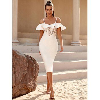 Cold Shoulder Ruffles Party Bodycon Dress Sheer Floral Lace Panel Back Zipper Slit Dress, White
Cold Shoulder Ruffles Party Bodycon Dress Sheer Floral Lace Panel Back Zipper Slit Dress, White