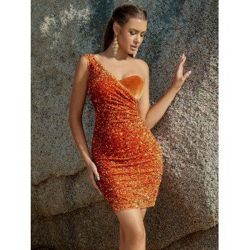 Sparkly Sequins Asymmetric One Shoulder Bodycon Dress Ruched Zipper Back Velvet Mini Party Dress, Orange
Sparkly Sequins Asymmetric One Shoulder Bodycon Dress Ruched Zipper Back Velvet Mini Party Dress, Orange