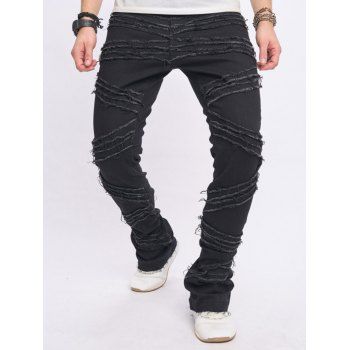 

Frayed Stripe Trim Jeans Zip Fly Long Straight Denim Pants, Black