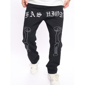 Contrast Letter Skeleton Embroidery Pattern Loose Jeans Zip Fly Casual Long Wide Leg Denim Pants, Black
Contrast Letter Skeleton Embroidery Pattern Loose Jeans Zip Fly Casual Long Wide Leg Denim Pants, Black