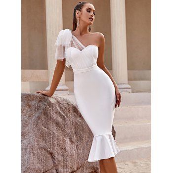 Mermaid Hem Mesh Knot Shoulder Bodycon Dress Pure Color Skew Collar Midi Party Dress, White
Mermaid Hem Mesh Knot Shoulder Bodycon Dress Pure Color Skew Collar Midi Party Dress, White