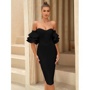 Off The Shoulder Party Dress Layer Ruffle Sleeve Solid Color Slim Bodycon Dress, Black
Off The Shoulder Party Dress Layer Ruffle Sleeve Solid Color Slim Bodycon Dress, Black