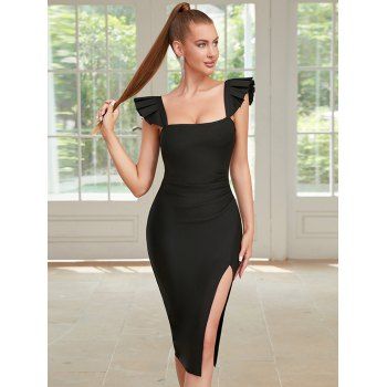 High Slit Ruffle Shoulder Bodycon Dress Ruched Solid Color Square Neck Party Dress, Black
High Slit Ruffle Shoulder Bodycon Dress Ruched Solid Color Square Neck Party Dress, Black
