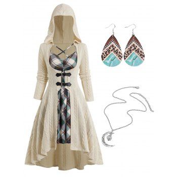 Plaid Twist Cable Knit Hooded High Low Two Piece Dress And Moon Chain Necklace Leopard Waterdrop Hook Drop Earrings Outfit, Crystal cream
Plaid Twist Cable Knit Hooded High Low Two Piece Dress And Moon Chain Necklace Leopard Waterdrop Hook Drop Earrings Outfit, Crystal cream