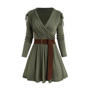 Cinched Shoulder Ruched Belted Long Top Surplice V Neck Solid Color Full Sleeve Top, Deep green
Cinched Shoulder Ruched Belted Long Top Surplice V Neck Solid Color Full Sleeve Top, Deep green