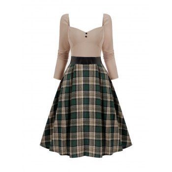 Plaid Panel Long Sleeve Midi Dress Sweetheart Neck High Waist Dress, Deep green
Plaid Panel Long Sleeve Midi Dress Sweetheart Neck High Waist Dress, Deep green