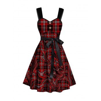 Allover Plaid Print Belted Mini Dress Mock Button Ruched High Waist Dress, Deep red
Allover Plaid Print Belted Mini Dress Mock Button Ruched High Waist Dress, Deep red